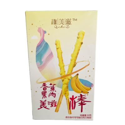 China CONFECTIONERY STRAIGHT FOR EAT. COOKIE CHOCOLATE COVERED STICK WITH REAL BANANA DRIED FRUIT 50G /BOX for sale