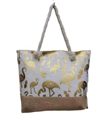 China Wholesale FREE SAMPLE Beach Style Gold Stamped Jute Printed Canvas Beach Bag Flamingo Design Large Tote Bag With Zipper for sale