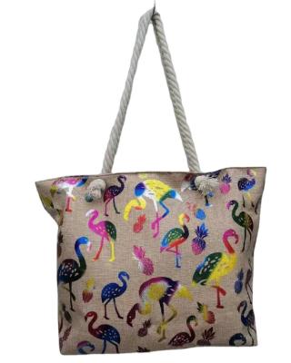 China Popular FREE SAMPLE Beach Style Large Flamingo Cotton Rope Beach Bag Sunbathing Canvas Tanning Beach Bag for sale