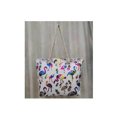 China FREE SAMPLE Beach Style Popular Golden Flamingo Coconut Tree Turtle Flamingo Cotton Rope Beach Bag for sale