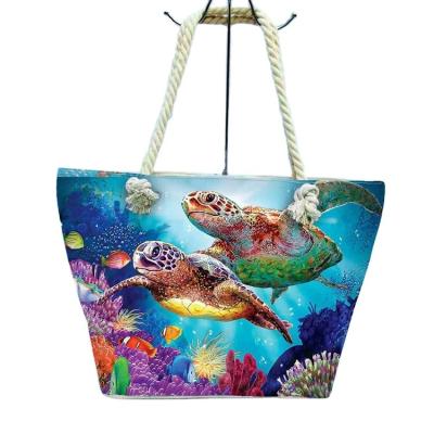 China Custom Fashion Turtle Sea Printed Canvas Beach Tote Bag Women Summer Beach Bag Cotton Rope Handbag for sale