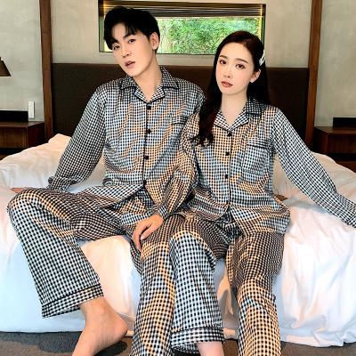 China QUICK DRY simulation couples silk pajamas for men and women lapel Korean long-sleeved cardigan for men and women ice cream autumn home silk servi for sale