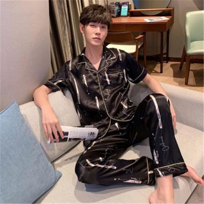 China QUICK DRY silk printed men's pajamas set short sleeve cardigan oversized ice silk pajamas summer pants pajamas for sale