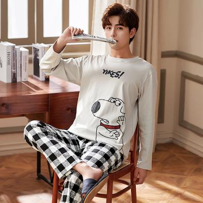 China QUICK DRY Cotton Long Sleeve Pajamas Set For Male Cute Cartoon Sleepwear Autumn Warm Casual Home Clothes Lattice Pijamas Pants for sale