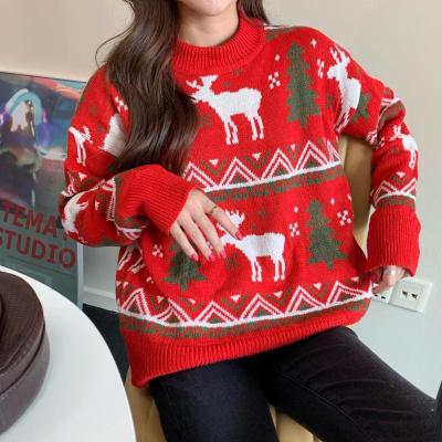 China High Quality Anti-wrinkle Crew Neck Knitted Jacquard Patterns Women Christmas Sweater for sale