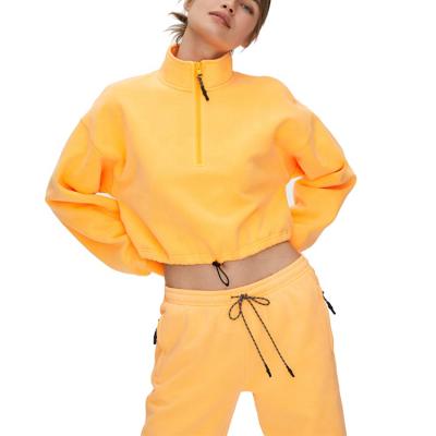 China Breathable Hot Sale Yellow Fleece Pullover Zipper Hoodie Crop Sweatshirt And Pants Sweatpants Women Quarters for sale