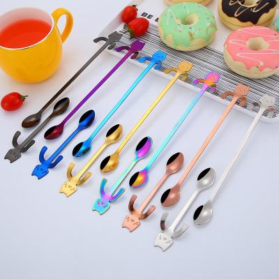 China Creative Sustainable Cat Shape Hook Design Stainless Steel Ice Cream Spoons Teaspoon Wholesale Customized Gift Sets for sale