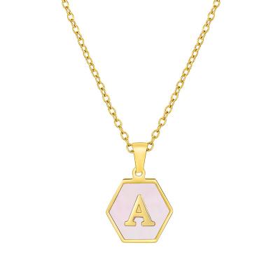 China TRENDY Hole Sale 18k Gold Plated Stainless Steel Initial Letter Pink Natural Charms Shell 26 Pendant Necklace For Female for sale