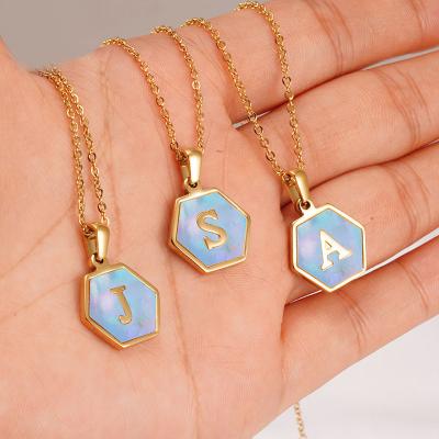 China New Design TRENDY Initial Stainless Steel Necklace 18k Gold Plated Stainless Steel Blue Letter Shell 26 Alphabet Pendant Necklace for sale