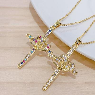 China Wholesale Charming New FASHIONABLE Zircon Heart Cross Choker Necklace 18K Gold Plated Heart To Knot Cross Necklace Women Girls for sale