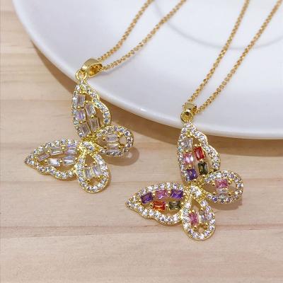 China FASHIONABLE Jewelry Necklaces 18k Fine Gold Plated Necklace Colored Shiny Zircon Butterfly Pendant Necklace for sale