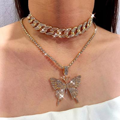 China Newest Arrived FASHIONED Diamond Large Butterfly Thick Chain Necklace Cuban Link Jewelry Double Layer Full Chain Necklace Women for sale