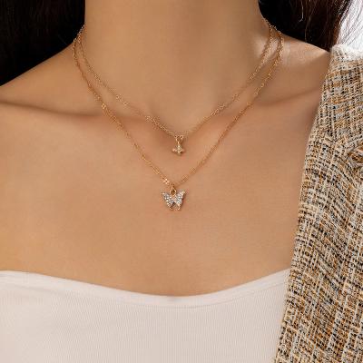 China New Crystal Women Butterfly Double Chain Necklace Fashion Jewelry TRENDY Necklaces for sale