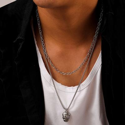 China Vintage TRENDY Skull Necklace Double Layer Chain Cuban Link Fashion Mens Stainless Steel Pending Necklaces for sale