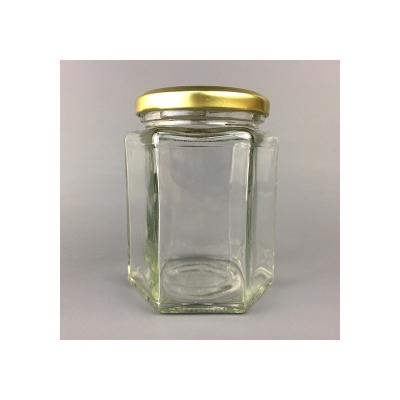 China High quality clear hexagon hot sale 280ml portable canned food glass jar for canned food for sale