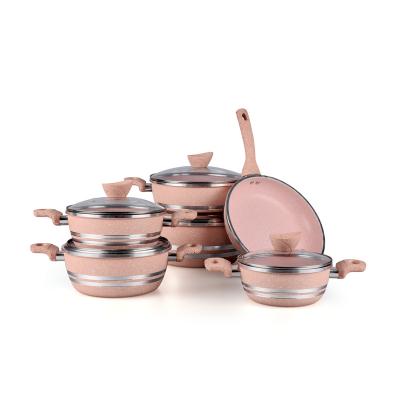 China High Quality Sustainable Pink Marble Casserole Soup Pot Aluminum Nonstick Cookware Sets for sale