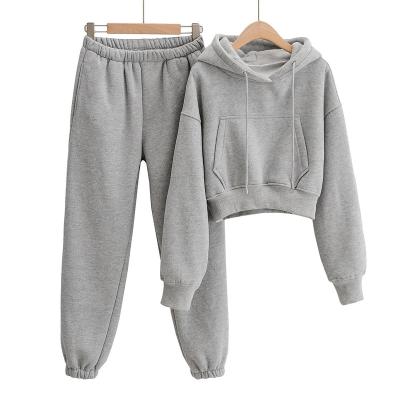 China Anti-wrinkle KON 380gsm fluffy drawstring thick sweat hoodie sets and elastic bottom patch wholesale women long sleeve clothing for sale