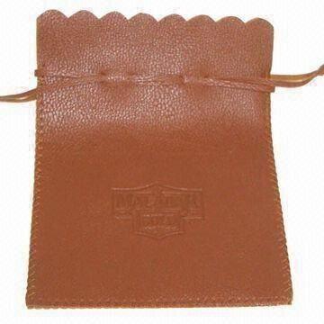 China Brown Leather Small Drawstring Gift Pouches For Promotion With Logo for sale