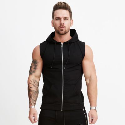 China 2021 Custom Anti Shrink Logo Printing Streetwear Zipper Up Sleeveless Gym Hoodies For Men for sale