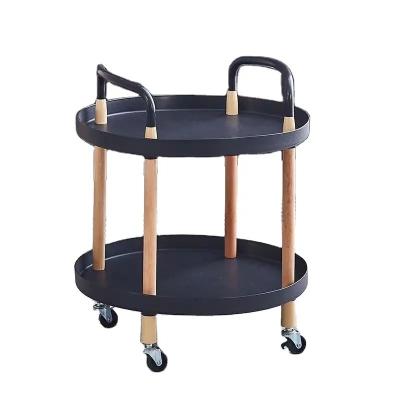 China Kitchen Home Storage Mobile Trolley Round Coffee Table Side 2 Layers PP Plastic Top Beech Wood Legs Trolley for sale