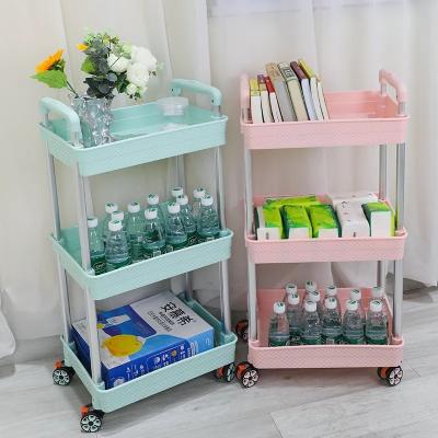 China Behind Doors/On Walls Foldable Wheels 3 Tier Storage Cart Utility Eco-friendly PP Plastic Shelves Trolley Cart Rolling Storage Cart for sale