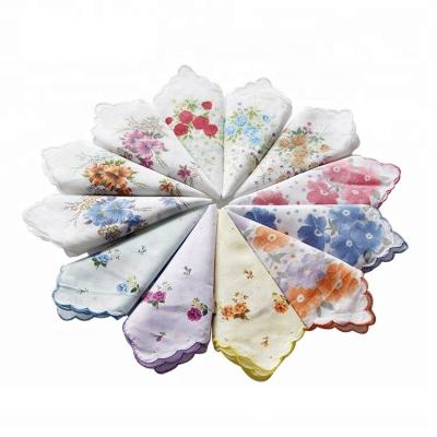 China Sweet Floral Design Custom Printed Organic Cotton Handkerchief With Scallop Edge for sale