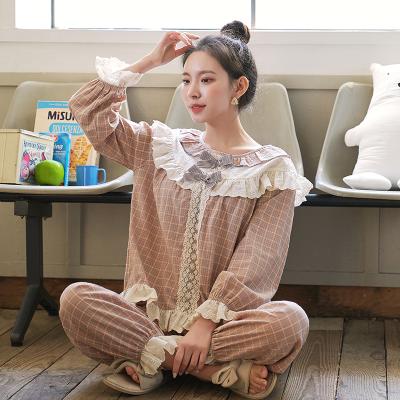 China 2022 Spring Cotton Pajamas Women Girls Sleepwear 100% Breathable Plaid Pants Long Sleeve Sets Home Set Ruffle Trimmed Print Pajamas for sale