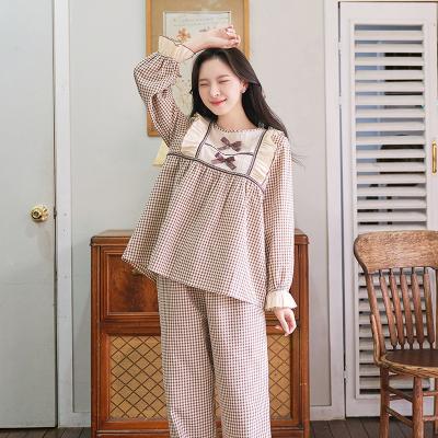 China Korean Soft Breathable Ruffle Cotton Pajamas Bow Knot Lounge Wear Set Women's Sleepwear Plaid Print Pajamas for sale