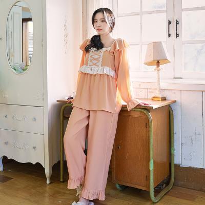 China Cute Breathable Women Sleepwear Solid Color Tops With Loose Pants Pajamas Set Two Piece PJ Set 100% Cotton Loungewear for sale