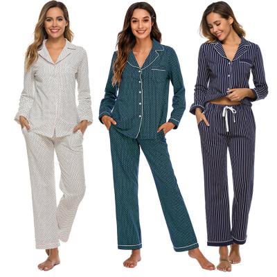 China Wholesales Women Loungewear Cotton Breathable Polka Dot Sleepwear Comfy Soft Button Down Long Pajamas Set Pajamas Two Piece Set for sale