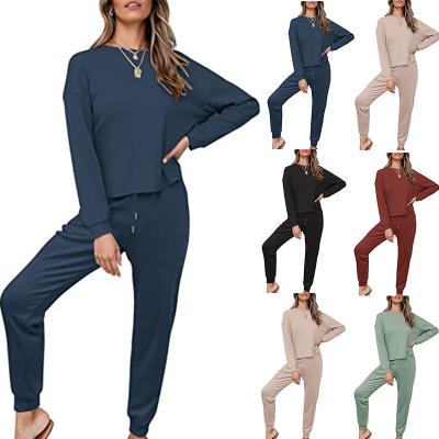 China Breathable Womens Waffle Knit Outfits Set Casual Long Sleeve Top And Pants Loungewear Sweatsuit Jogger Two Piece Set With Pockets Pajamas for sale