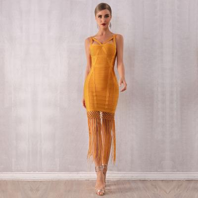 China New Style Party Evening Dress Women Christmas Midi Dress Anti-Static Sleeveless Tassel Bandage Bodycon Dress for sale