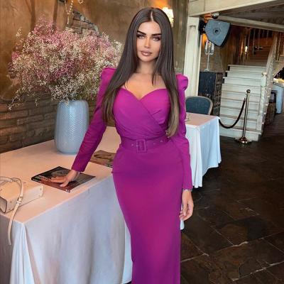 China Anti-static Women's Formal Slim V-Neck Dress Satin Slit Belt Office Lady Solid Puff Sleeve Midi Dress for sale