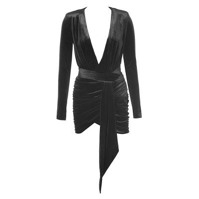 China Factory Wholesale Anti-Wrinkle Velvet Mini Bodycon Long Sleeve Black Causal Dress for sale