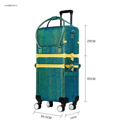 China Cosbeauty Heavy Duty Factory FA&MA Large Capacity And Hot Sale Two In One Set Glitter Box Trolley Green Cosmetic Makeup Case for sale