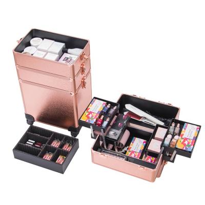 China Rolling Durable Hard Aluminum Trolley Makeup Luggage Cosmetic Case 4 in 1 Makeup Case Beauty Case for sale