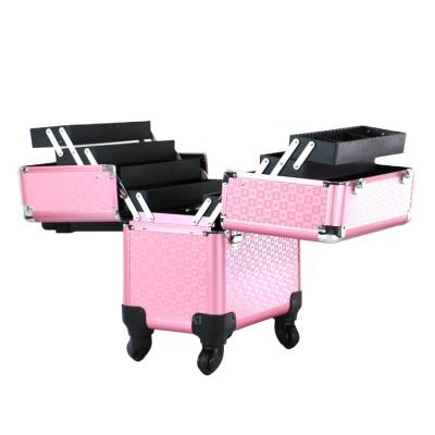 China professional & Portable Use Makeup Train Case Organizer Professional Cosmetic Make Up Undercarriage Aluminum Trolley Case for sale