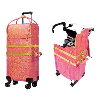 China New Portable And Heavy Duty Glitter Orange Two In One Hand Makeup Trolley Makeup Train Case Makeup Beauty Rolling Case for sale