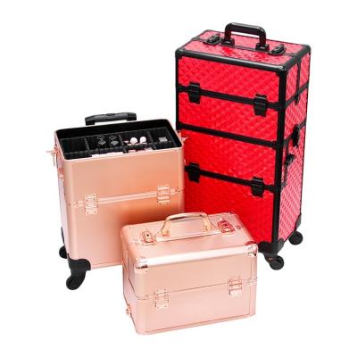 China sustainable & COSBEAUTY Portable 4 in 1 Hard Aluminum Case Luggage Trolley Case Trolley Makeup Mixed Color Toolbox Trolley for sale