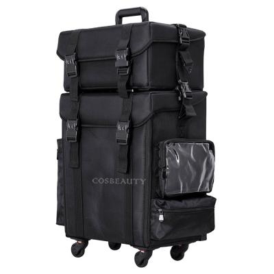 China Large capacity professional and multifunctional 2 in 1 travel train rolling makeup case nylon makeup trolley case for sale