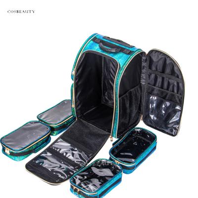 China Durable Large Capacity FAMA Certificated Factory Cute Green Makeup Case PU Trolley Leather Cosmetic Case Women for sale