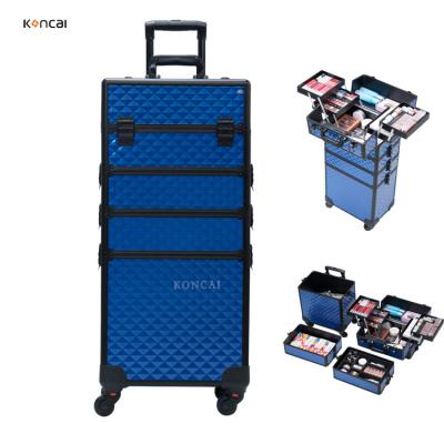 China Wholesale fashion BSCI members new profession 4 in1 makeup trolley train case aluminum rolling cosmetic box for sale