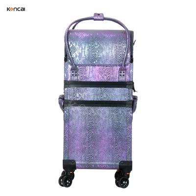 China large capacity & many compartment new factory developed glitter purple PU trolley case leather rolling cartoon printing cosmetic case for sale