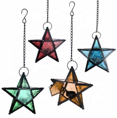 China Garden Home Patio Decoration Star Hanging Glass Lantern Opens Starry Pentagons Geometric Multicolor Glass Metal Candle Holder for sale