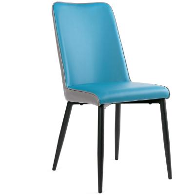 China Modern Design Sample Furniture Modern Blue Back Simple Design PU Leather Freestanding Dining Chair with Metal Legs. for sale