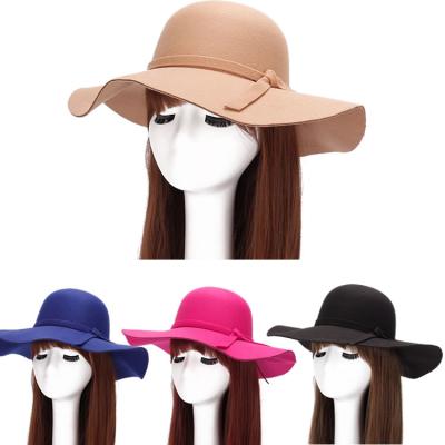 China L2311 Formal Women's Big Brim Sun Hat 2023 Spring Solid Color Retro Soft Foldable Hat Wool Flat Top Hats High Quality Fedora Hat for sale