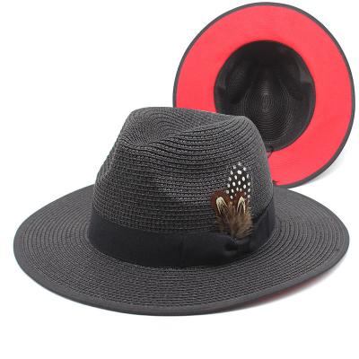 China L2316 New Arrival Two Tone Formal Straw Hats For Women Summer Big Brim With Feather Band Sun Hat Man Fedora Hat Ladies Straw for sale