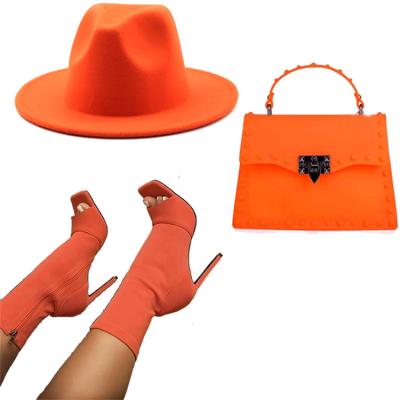 China L2321 New Arrival Formal Orange High Heels Match Purse Handbag And Hat For Women Fedora Hats Ladies Boots PVC High Top Bag Set Women for sale