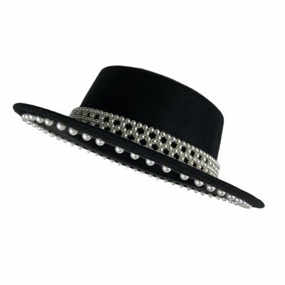 China L2333 New Arrival Formal Fedora For Women Brim Wide Flat Cap Elegant Wool Hats With Pearl Chain Trimming Custom Fedora Hat for sale