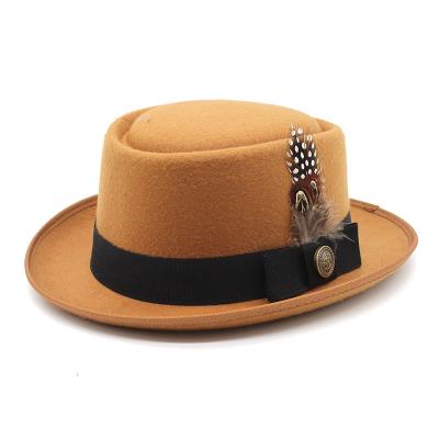 China New L2334 Formal Flat Brim Wool Short Man Fedora Hats Party Outdoor Hat With Feathers Women's Fedora for sale